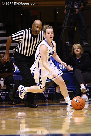 Walk-on guard Jenna Frush takes the floor, trailed by Timothy Bryant  - Duke Tags: #35 Jenna Frush 