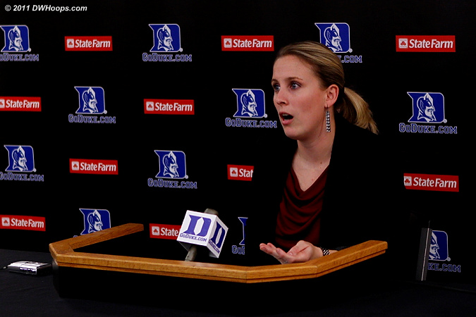 Pfeiffer coach Jill Thomas in the media room, taking a question from DWHoops Rob Clough in her first ever post-game press conference  