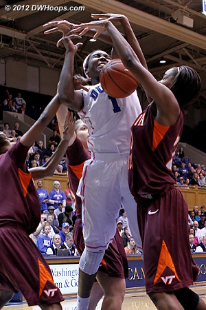 Foul on Aerial Wilson (left)  - Duke Tags: #1 Elizabeth Williams - VT Players: #3 Aerial Wilson, #22 Porschia Hadley 