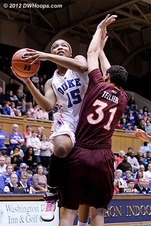 Solid defense by Tellier results in a Jackson miss  - Duke Tags: #15 Richa Jackson - VT Players: #31 Monet Tellier 