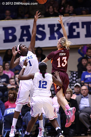 Fenyn hits over Williams, Duke leads 28-22  - Duke Tags: #1 Elizabeth Williams - VT Players: #13 Alyssa Fenyn 