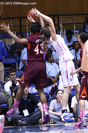 Great defense by Tech  - Duke Tags: #43 Allison Vernerey - VT Players: #43 LaTorri Hines-Allen 
