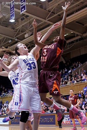 Wilson scores over Peters to cut the Duke lead to nine at the break  - Duke Tags: #33 Haley Peters - VT Players: #3 Aerial Wilson 