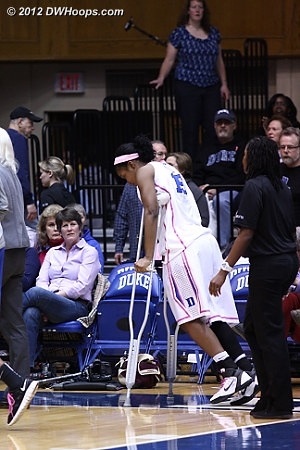 Richa Jackson returned to the bench for the second half, on crutches  - Duke Tags: #15 Richa Jackson 