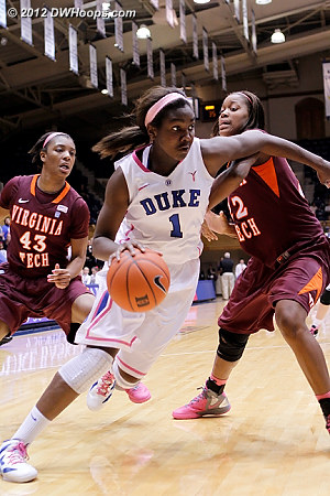 Williams makes a move on Hadley, she'd score, 37-28 Duke  - Duke Tags: #1 Elizabeth Williams - VT Players: #22 Porschia Hadley, #43 LaTorri Hines-Allen 