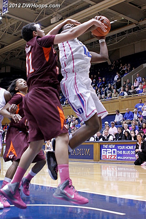 Tellier fouls Gray in the act  - Duke Tags: #12 Chelsea Gray - VT Players: #31 Monet Tellier 