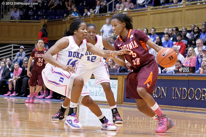 Duke's press during a 10-0 Blue Devil run  - Duke Tags: #12 Chelsea Gray, #14 Ka'lia Johnson - VT Players: #3 Aerial Wilson 