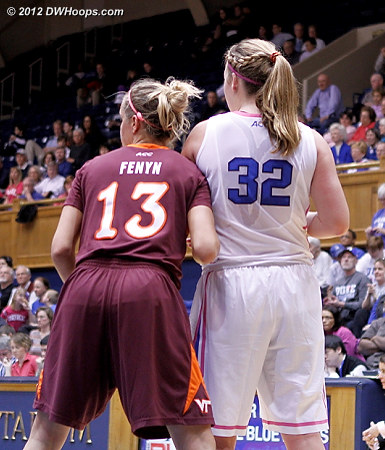 Jockeying for position before the ball was even put in play  - Duke Tags: #32 Tricia Liston - VT Players: #13 Alyssa Fenyn 
