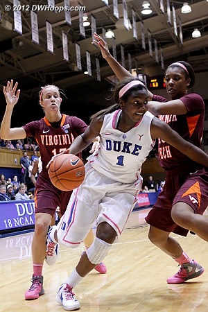 Elizabeth Williams drives to the basket in the closing minutes  - Duke Tags: #1 Elizabeth Williams - VT Players: #13 Alyssa Fenyn, #43 LaTorri Hines-Allen 