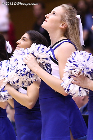 Duke Cheerleaders look up to watch the Pregame Hype scoreboard video  - Duke Tags: Duke Cheerleaders 