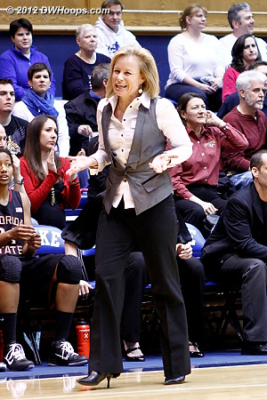 FSU coach Sue Semrau looks for a call  