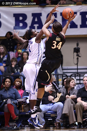 The reach of Elizabeth Williams forces FSU's Chelsea Davis to take a fall away shot  - Duke Tags: #1 Elizabeth Williams 