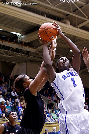 Chelsea Davis challenges Elizabeth Williams under the basket  - Duke Tags: #1 Elizabeth Williams 