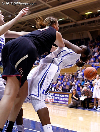 Williams try to wrest the ball away from Bravard nets nothing more than her third foul  - Duke Tags: #1 Elizabeth Williams 