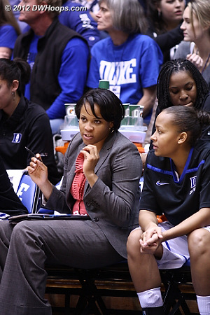 Coach Jackson makes a point to Shay Selby  - Duke Tags: #3 Shay Selby, Candace Jackson 