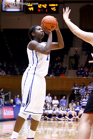 Pushed away from the basket, Elizabeth Williams shows her range and toughness by knocking down this jumper  - Duke Tags: #1 Elizabeth Williams 