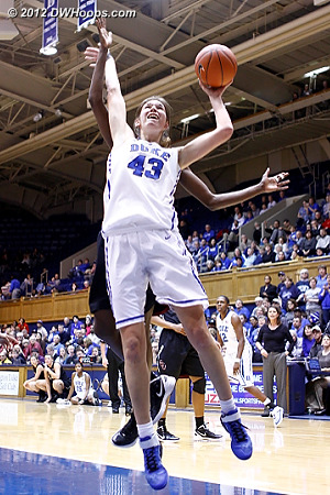 Allison Vernerey fends off Chelsea Davis while trying to put Duke up eight - it didn't go.  - Duke Tags: #43 Allison Vernerey 
