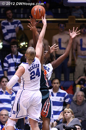 Elizabeth Williams got credit for the blocked shot but Scheer also got a piece of it