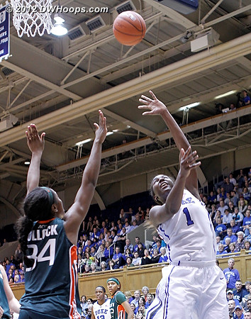 Liz hits during a Duke mini-run that increased the lead to 50-42