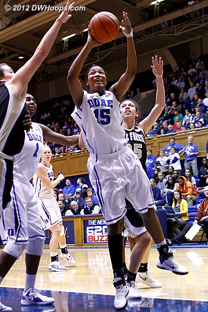 Richa Jackson had her first career double-double, scoring 11 points and grabbing 11 boards.  Here, she scores during a Duke run that put the game totally out of reach.