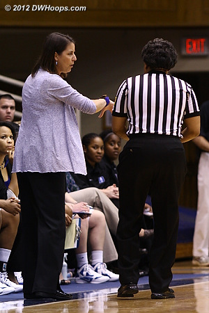 Coach P tells Bonita Spence that she saw a carry before a Duke foul