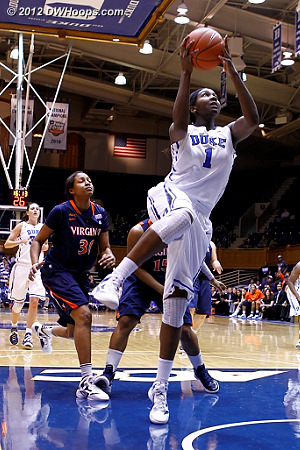 Elizabeth Williams scores on a fast break layup, extending Duke's lead to 48-37
