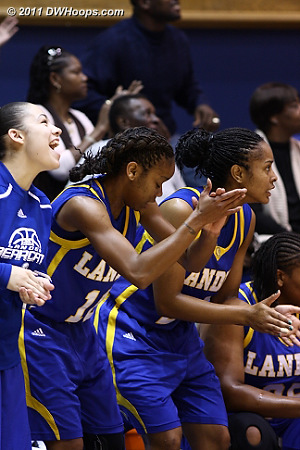 Lander bench erupts after one of Jasmine Judge's four first half three point baskets.  