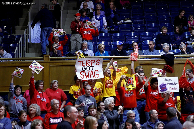 Maryland had a spirited cheering section behind their bench, spilling up into the upstairs reserved sections and the area next to the Duke Pep Band.  - Duke Tags: Fans 