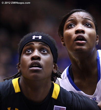Maryland's Lynetta Kizer (left) and Duke's Richa Jackson wait for the Williams free throw to go up