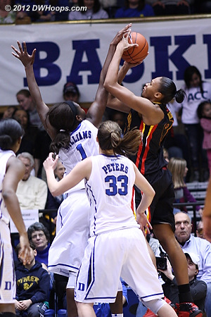 It looked like this would be a block for Elizabeth Williams,  but Alicia DeVaughn powered through it to give Maryland a 20-19 lead.  - Duke Tags: #1 Elizabeth Williams 