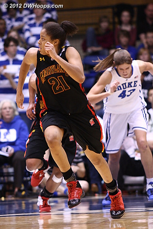 Tianna Hawkins runs the court as Maryland would cut the  large Duke lead down to just one by halftime  