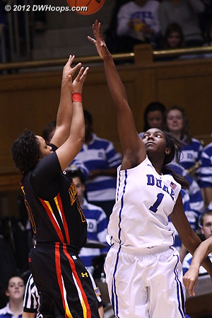 The second half started with a missed jumper by Barrett, just out of Elizabeth Williams' reach  - Duke Tags: #1 Elizabeth Williams 