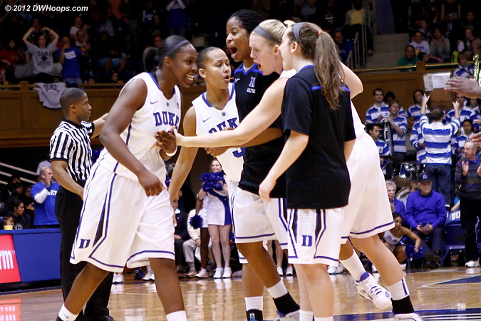 Duke bench players greet those on the floor as a 56-45 Blue Devil lead has forced a Maryland timeout  