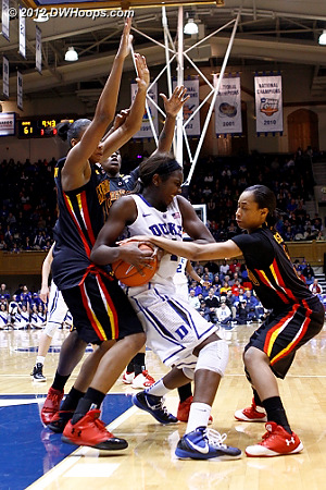 Brene Moseley reaches in on Elizabeth Williams, Maryland's fourth team foul  - Duke Tags: #1 Elizabeth Williams 