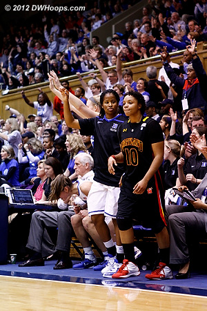 Barrett ends up in the Duke bench area after a huge Chelsea Gray three makes it 74-68 Duke, 2:56 left  