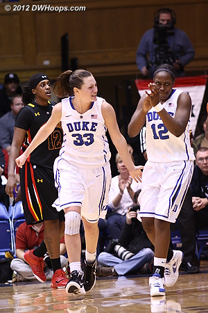 Peters and Gray celebrate forcing a Maryland timeout as Lynetta Kizer heads to the Terrapin bench  - Duke Tags: #33 Haley Peters, #12 Chelsea Gray 