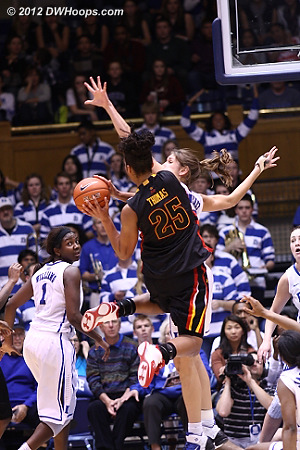 Stymied by Vernerey at the high post, Thomas is forced to dish  - Duke Tags: #43 Allison Vernerey 