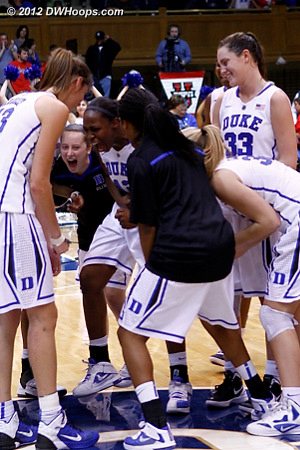 Duke celebrates the victory at midcourt  