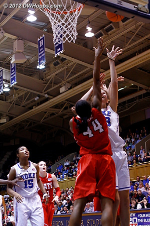 Vernerey scores over Burke and Duke leads 60-44.