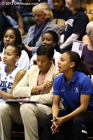 Shay Selby, assistant Joy Cheek, and Chloe Wells on the bench. Wells was suspended from the team and will not return this season.