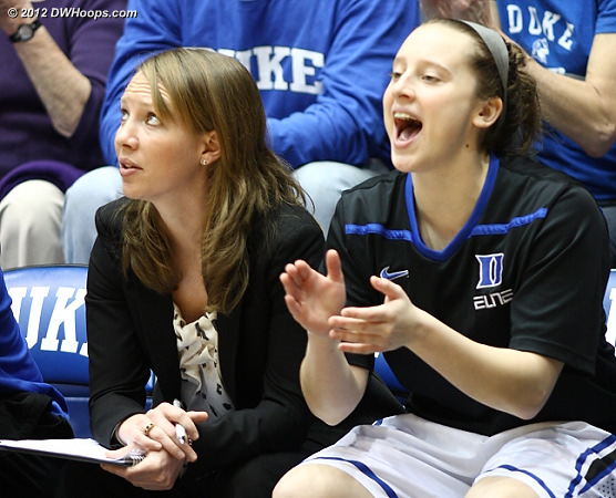 Jenna Frush (right) cheers the Blue Devils from the bench