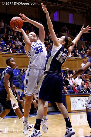 Abby Dowd (12) fouls Liston in the act  - Duke Tags: #32 Tricia Liston 