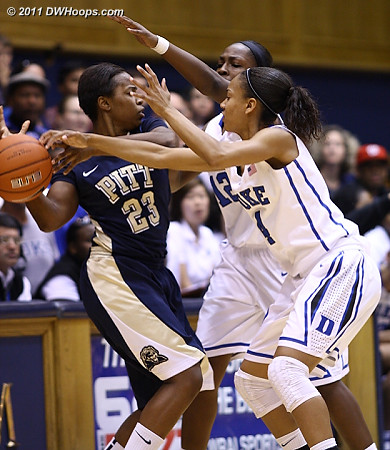 Duke guards swarm Ashlee Anderson (23)  - Duke Tags: #4 Chloe Wells, #12 Chelsea Gray 