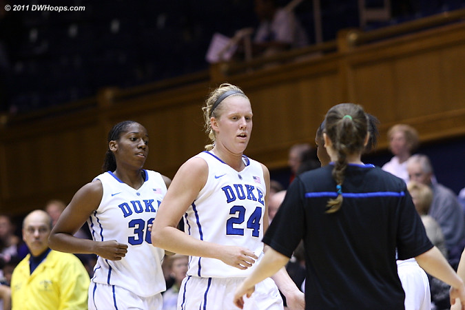 Henson and Scheer head to the bench for a media time out  - Duke Tags: #24 Kathleen Scheer, #30 Amber Henson 