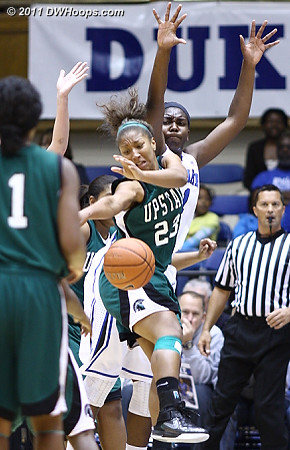 Tee'Ara Copney (23) loses the ball in the lane as Elizabeth Williams looms