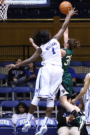 Elizabeth Williams finally got a blocked shot at the 9:07 mark of the second half, rejecting the layup of Shelby Hicks