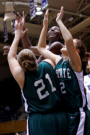 Elizabeth Williams watches her tenth shot of the night also find the bottom of the net