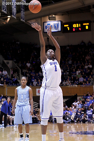 A pair of Williams free throws gave Duke the lead, 9-8.  She was 3-4 from the line tonight, improving her season average each recent game.  - Duke Tags: #1 Elizabeth Williams 