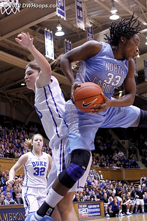 Laura Broomfield snags one of her seven first half rebounds, she would finish with ten  - Duke Tags: #43 Allison Vernerey - UNC Players: #33 Laura Broomfield 