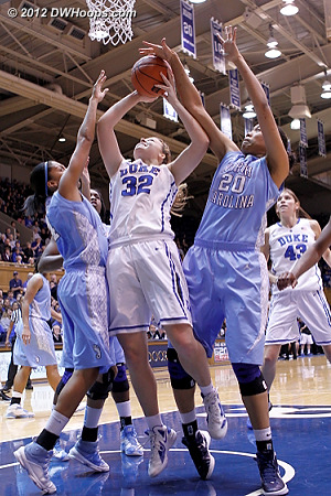 Shegog (right) might have had the block, but Wood (left) was whistled for the foul  - Duke Tags: #32 Tricia Liston - UNC Players: #4 Candace Wood, #20 Chay Shegog 